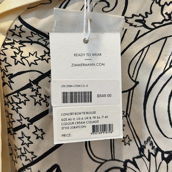 Zimmermann Concert Bow Tie Blouse size 0/US 4 NWT - Picture 3 of 3